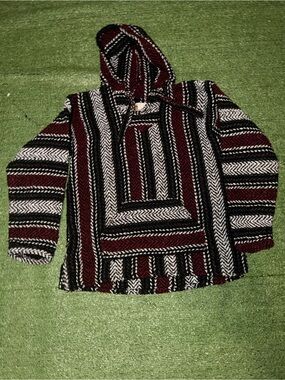 Striped Hooded Baja Pullover Sweater - Black, White & Burgundy